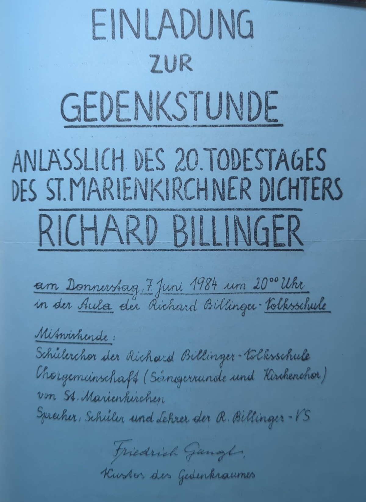 Die Einladung, gezeichnet von Friedrich Gangl, „Kustos des Gedenkraumes“