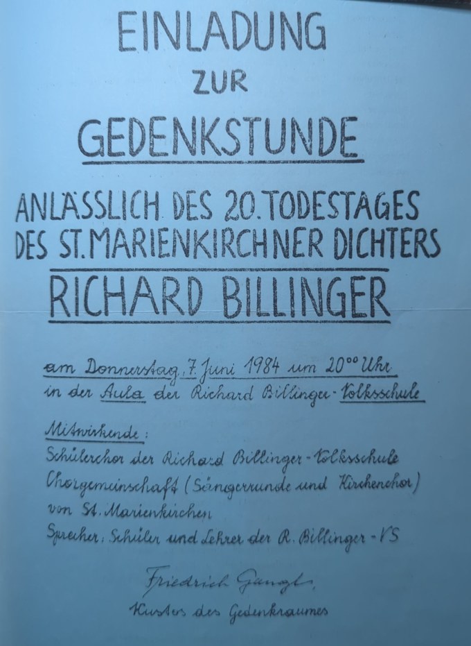 Die Einladung, gezeichnet von Friedrich Gangl, „Kustos des Gedenkraumes“