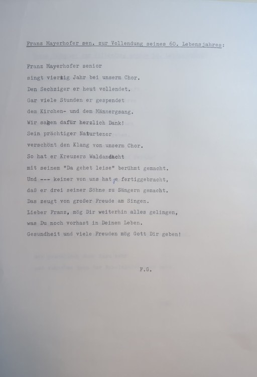 Das Gedicht zum sechzigsten Geburtstag von Franz Mayerhofer sen., gezeichnet „F.G.“