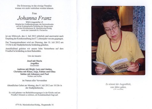 Johanna „Hanni“ Franz, langjährige Pianistin und ehemalige Chorleiterin
