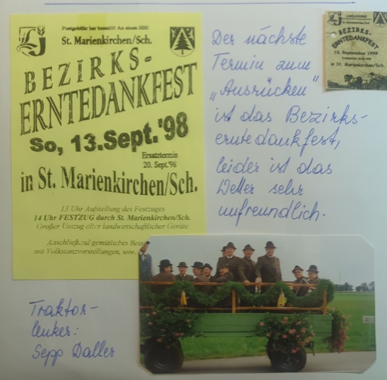 Das Plakat, die Landjugend-Anstecknadel und der Festwagen der Sängerrunde