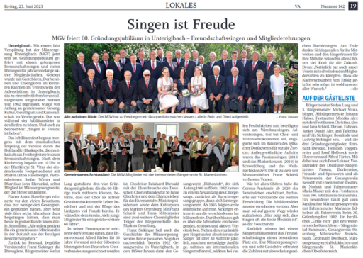 Zeitungsbericht vom 23. Juni 2023: „Singen ist Freude“