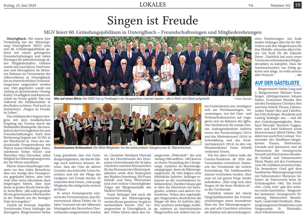 Zeitungsbericht vom 23. Juni 2023: „Singen ist Freude“