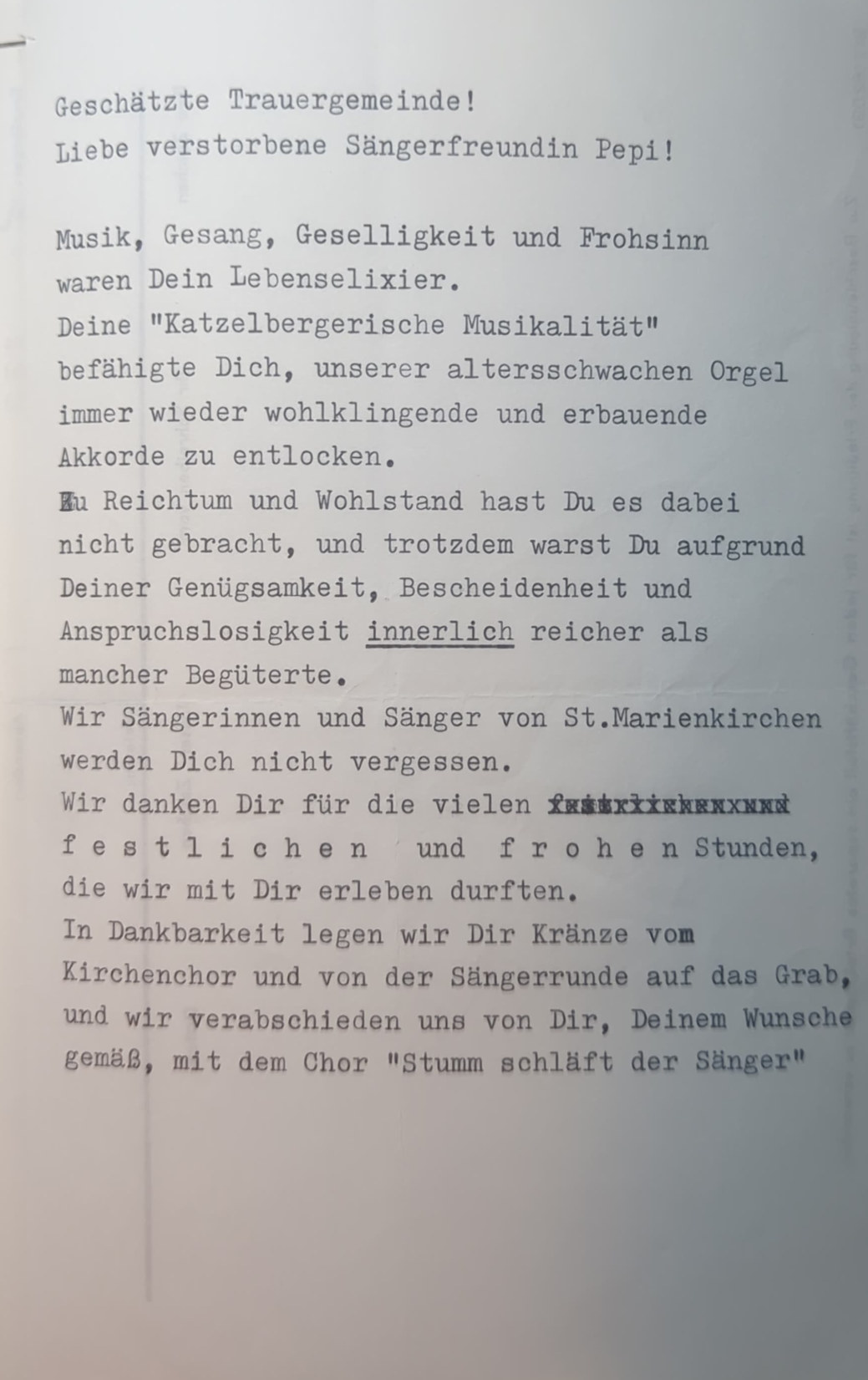 Die Grabrede für die „Sängerfreundin Pepi“