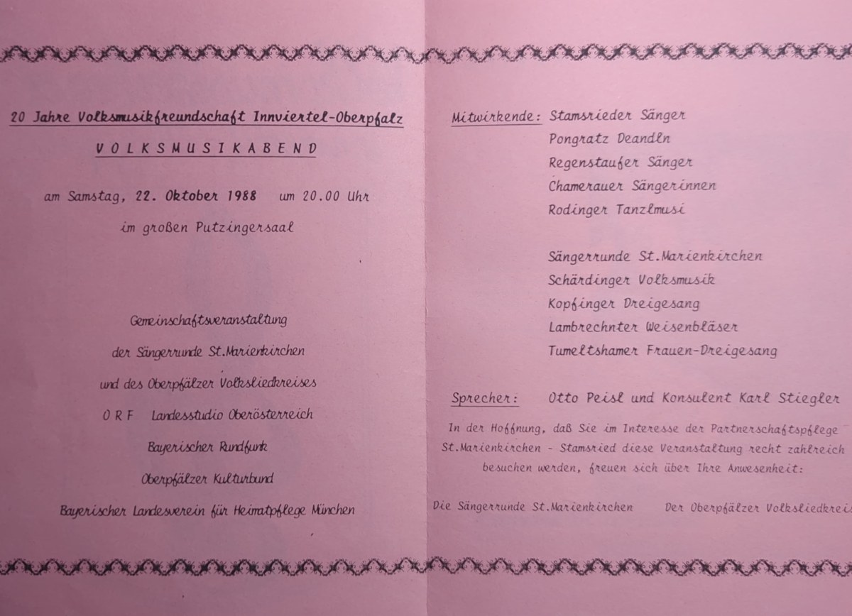 Die Einladung zum Volksmusikabend am 22. Oktober 1988