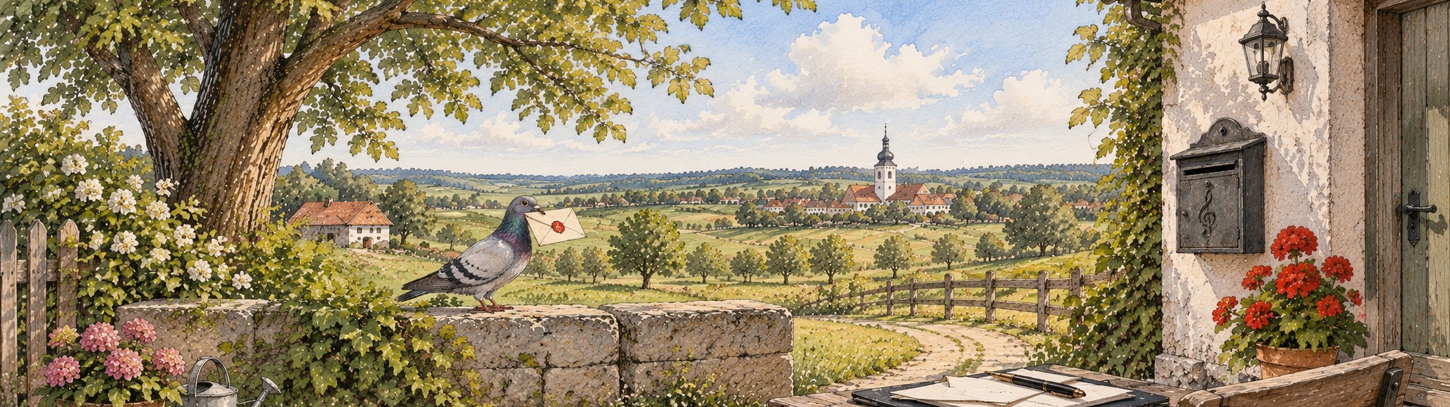 Aquarell: eine Brieftaube mit einem Brief im Schnabel auf einer Mauer, rechts an der Hauswand ein Briefkasten mit einem Notenschlüssel
